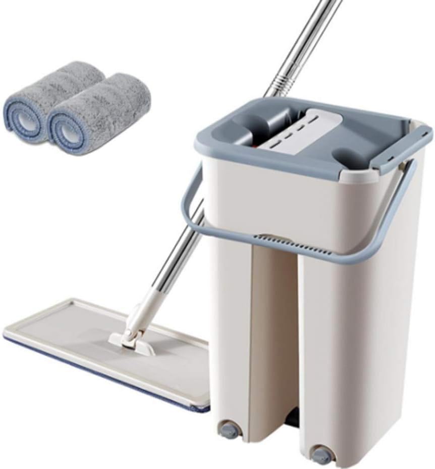 TSY Squeegee Mop Bucket with Mop Pads, Microfiber Flat Mop Cleaning Squeeze Hand Free Floor Mop (Bucket + mop + 2PC Mop Pads)