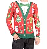 Christmas Cardigan with Bow Long Sleeve Ugly Christmas T-Shirt (X-Large)