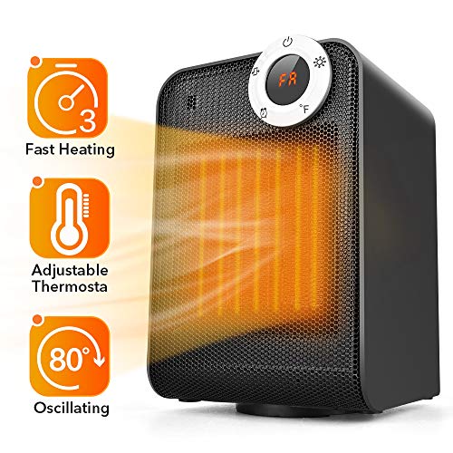 TRUSTECH Portable Ceramic Space Heater, 1500W with Adjustable Thermostat, Overheat & Tip-Over Protection, Oscillation for Office Home 12h Timer, Digital Display, Black