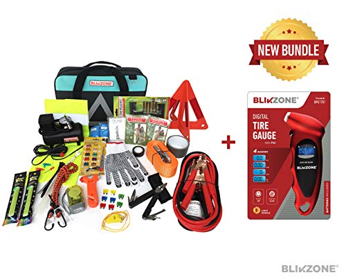 Blikzone Aqua Bundled Auto Roadside Assistance Emergency Car Kit-82 Essentials Pc: Digital Pressure Gauge, Portable Air Compressor, Jumper Cables, Tire Repair Kit, Tow Strap, LED Flash Light & More