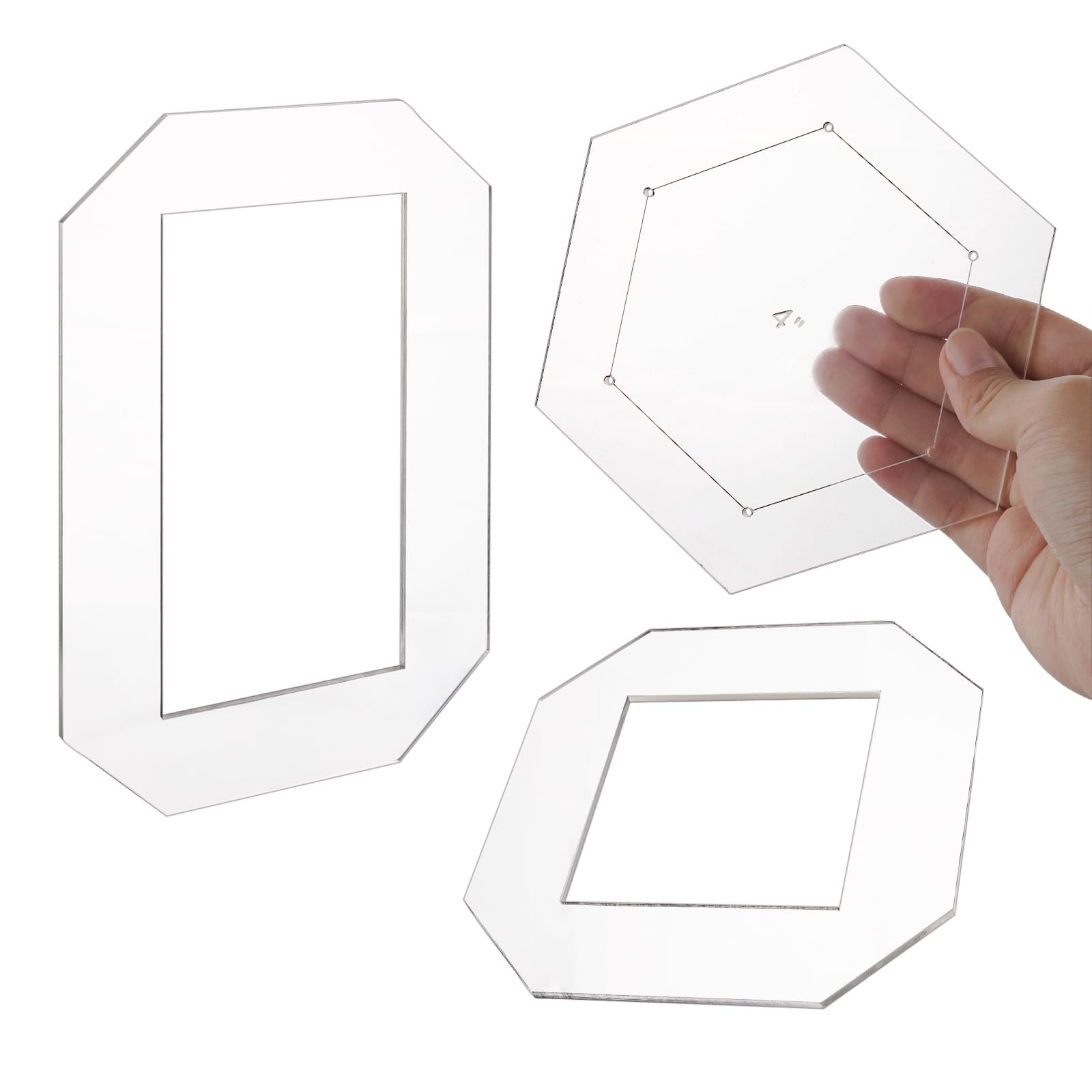 Photo 1 of 3 Pcs Quilting Templates Acrylic Sewing Templates Quilting Rulers for DIY Sewing Supplies Crafts, 2.5" Square, 5" x 2.5" Rectangle and 4'' Hexagon Quilting Template