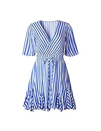 ECHOINE Vestido boho informal de verano para mujer, cuello en V profundo, manga corta, a rayas, volantes, mini vestido de playa con cinturón