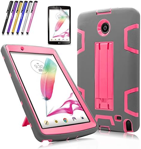 Windrew Heavy Duty rugged impact Shock-Proof Case with Build In Kickstand Protective Case For LG G Pad F 8.0 / LG GPad II 2 8.0 Inch Tablet + Screen Protector Film and stylus pen (Gray / Pink)