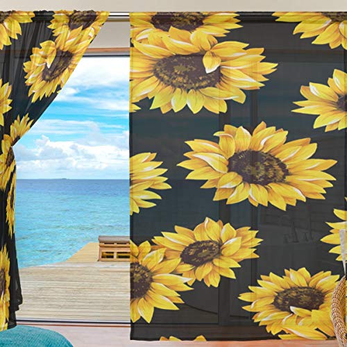 XiangHeFu Sunflower Black Yellow Sheer Curtains for Bedroom, 55x84 Inch
