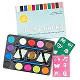 Miss Suggie Face and Body Paint Kit Safe for Baby, Kids and Adults | Includes 2 Brushes, 12 Stencils, 1 Glitter | Professional Painting Quality Organic Non-Toxic Eco Water Based Paints, 12 Colors