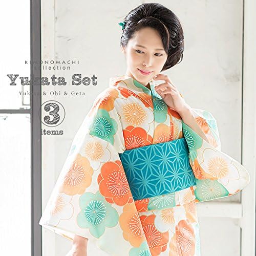 Amazon Kimonomachi 女性 浴衣セット オレンジ グリーン 梅 浴衣3点セット Fサイズ 浴衣 通販