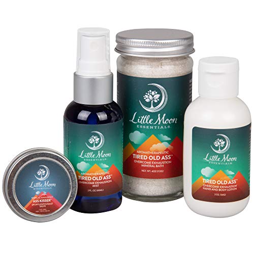 Little Moon Essentials Tired Old-Ass Exhaustion Survival Kit Set - Nourishing Essential Oils - Includes Mineral Bath Salt, Massage Oil, Stimulating Mist, and Hand/Body Lotion - All Natural Ingredients