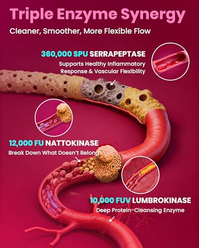 MEGNETA Nattokinase Supplement 12,000 FU (Max Strength) Serrapeptase 360,000 sPU, Lumbrokinase 10,000 FUV & CoQ10 -Systemic Enzymes Complex for Cardiovascular & Circulatory Health Support-100 Capsule