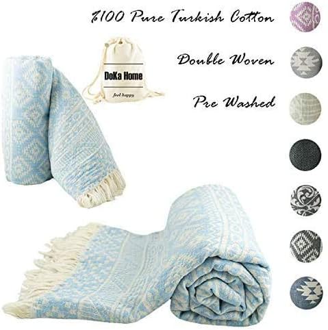 DoKa Home Turkish Towel - Full Cotton Peshtemal - Turkish Bath Towel 39x70 inches - Pre Washed, More Softly, Beach, Bath, Spa, Hammam, Super Soft Towels (Rug Design and Blue Colors)