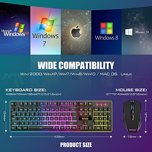 RedThunder K10 Wireless Gaming Keyboard and Mouse Combo, LED Backlit Rechargeable 3800mAh Battery, UK Layout Mechanical Feel Keyboard + 7D 3200DPI Mice for PC Gamer (Black)