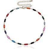 Andelaisi Vintage Colorful Gemstone Choker Necklace Rainbow Gemstone Necklace Choker Multiple Color Gem Bead Necklace Rainbow Choker Necklace Jewelry for Women