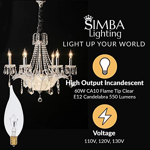 Simba Lighting Candelabra Flame Tip Clear CA10 60W E12 Base (12 Pack) Decorative Incandescent Light Bulbs 120V for Chandeliers, Ceiling Fan Lights, Pendants, Wall Sconces, Dimmable, Warm White 2700K - Thumbnail 2