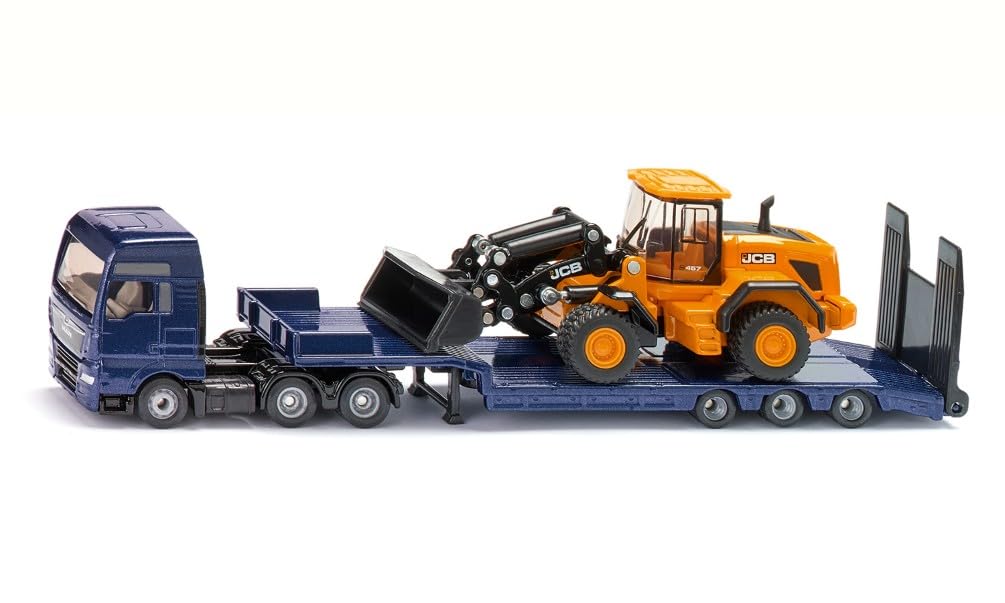 siku 1790, MAN lorry with low loader and JCB wheel loader, 1:87, Metal,Plastic, Blue,Yellow, Folding ramp, Movable loading arm — image 1