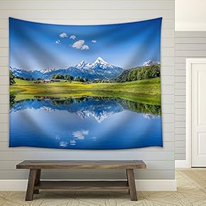 Panoramic View of Idyllic Summer Landscape in The Alps with Clear Mountain Lake - Fabric Wall Tapestry Home Decor - 51x60 inches