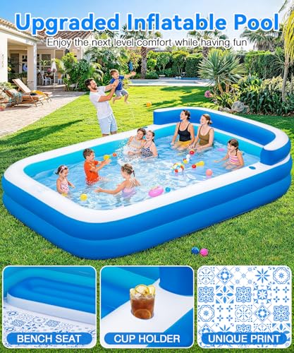 Large Inflatable Swimming Pool - 120" x 85" x 26" Blow Up Pool for Adults and Kids with Seat & Air Pump, for Backyard Lawn Indoor Outdoor Use