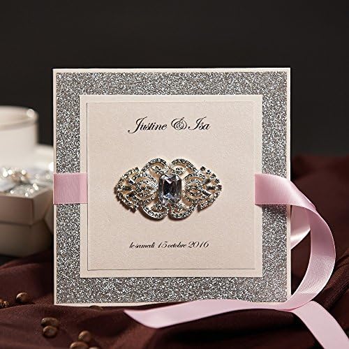 YUWED Romantic Laser Cut Wedding Invitation Card with Silver Glitter for Wedding Anniversary, Bridal Shower, Baby Shower, Graduation,Birthday Party Supplies 50Pcs