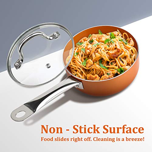 SHINEURI 2.5 qt Copper Saucepan with Lid, Mini Saute Pan with Stainless Steel Handle - Cooking for Soup, Stew, Sauce, Pasta & Reheat Food, Compatible for Induction, Gas, Electric & Stovetops