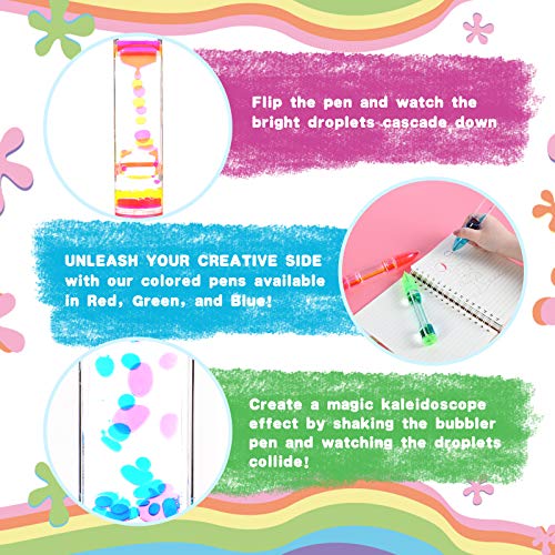 Livond Liquid Timer Pen - Retractable Ballpoint Pen with Colorful Moving Bubbles & Droplets - Relaxing Calming Fidget Sensory Writing Toy for Kids & Adults - Stress Relief - 3-Pack (Red, Green, Blue)