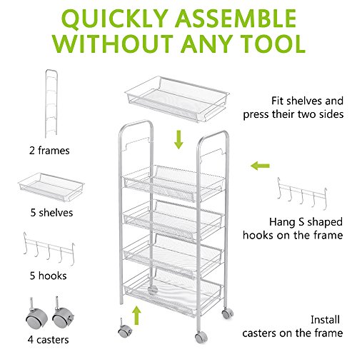 Cozzine 5 Tier Wire Mesh Shelf Rack Utility Rolling Cart with Wheels, Kitchen Bathroom Storage Organizer Cart Shelves with 5 Side Hook Racks - Thumbnail 3