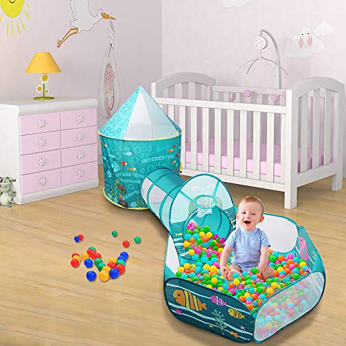 SUNBA YOUTH Kids Play Tent, Crawl Tunnel and Ball Pit, Pop Up Playhouse for Girls and Boys, Babies and Toddlers. Knight Castle for Kids for Indoor and Outdoor Use with Carrying Case. (Teal)