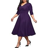 Milloud Plus Size Dress for Women - 3/4 Sleeve A-Line V-Neck Swing Flowy Casual Midi Dresses with Pockets