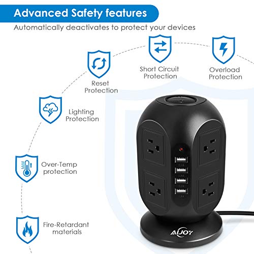 AiJoy Power Strip Surge Protector 8 AC Outlet 4 USB Ports Multi Plug Outlet Long Extension Cord 10Ft (Black)