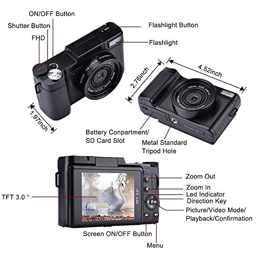 Digital Camera,Vlogging Camera for Youtube 2.7K 24.0MP Ultra HD WiFi Camera 3.0 Inch 180 Degree Rotation Flip Screen Retractable Flashlight