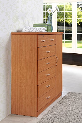 Hodedah 7 Drawer Jumbo Chest, Five Large Drawers, Two Smaller Drawers with Two Lock, Hanging Rod, and Three Shelves, Cherry
