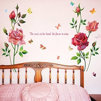 Die Rote Rose Tapetensticker Romantisches Schlafzimmer Wohnzimmer Tv Hintergrund Dekorative Kunst Wand Papier Blumen Schmetterling Poster Einladend 142 105 Cm Amazon De Kuche Haushalt