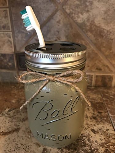 Toothbrush Holder Mason Canning JAR Hand PAINTED &amp; Distressed Ball Pint ~ Stainless Steel Silver ~ Bathroom Decor ~Gray Grey Seafoam Light Blue Turquoise Pewter Green Cream Tan Brown Yellow