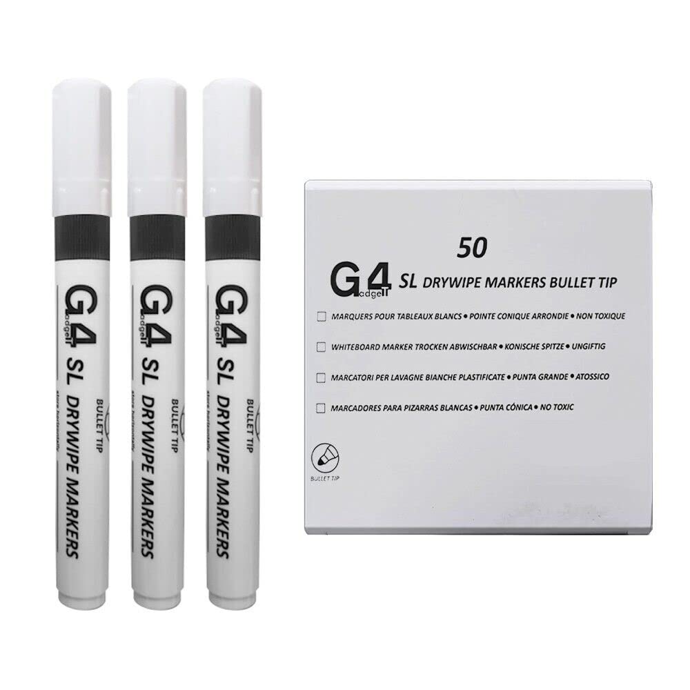 G4GADGET 2 x 50 Original Pack of Non-Toxic Ink Black Colour Whiteboard Dry Wipe Marker Pens Bullet Tip