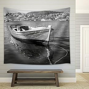 View of Poros Island, Greece and Boat in Black and White - Fabric Wall Tapestry Home Decor - 51x60 inches