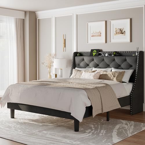Feonase Full Size Bed Frame with Luxury Wingback and Fast Charging Station,Full…