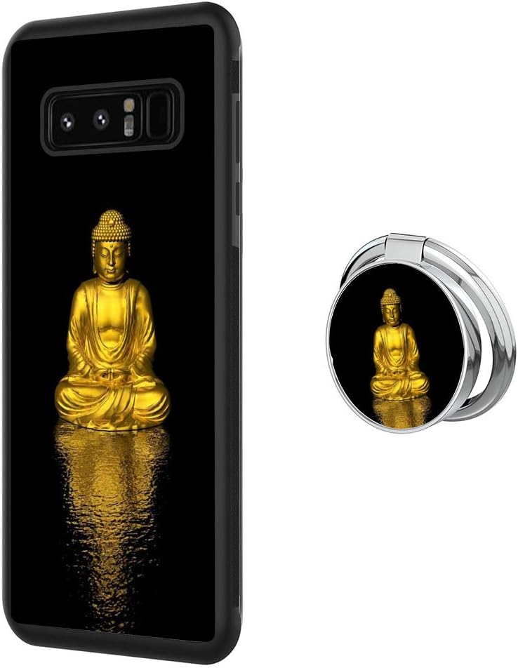 Samsung Galaxy Note 8 Case with Holder Ring Gold Buddha Soft Black TPU Rubber and PC Anti-Slip Grip Cover Case, Shockproof Defend Protective Phone Case for Samsung Galaxy Note 8