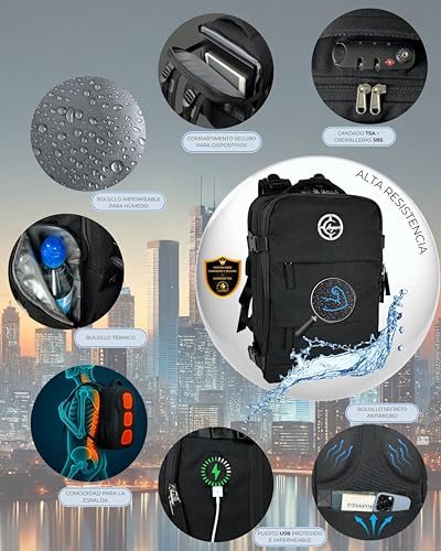 Ayars Ryanair Priority Cabin Backpack 55x40x20 | Oxford 900D Waterproof | TSA Lock | Airplane Hand Luggage | Travel Kit: Neck Pillow + 3D Mask + Plugs + Toiletry Bag | USB