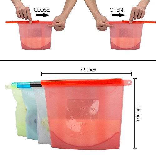 Reusable Food Bags Silicone Food Storage Containers Versatile Cooking Bags Preservation Airtight Seal Bags for Freeze Steam Heat Microwave Fruits Vegetables Meat Milk (4 Packs)