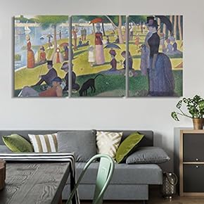 3 Panel World Famous Painting Reproduction on Canvas Wall Art - A Sunday on La Grande Jatte by Georges Seurat - Modern Home Art Ready to Hang - 16"x24" x 3 Panels