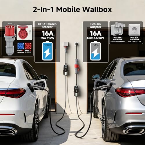 EVDANCE Mobile Wallbox/Charging Station 11 kW [3-Phase|7.8 m|6-16A] Type 2 Charging Cable CEE 16A to Type 2 with Adjustable Charging Power for Electric Car, Silver