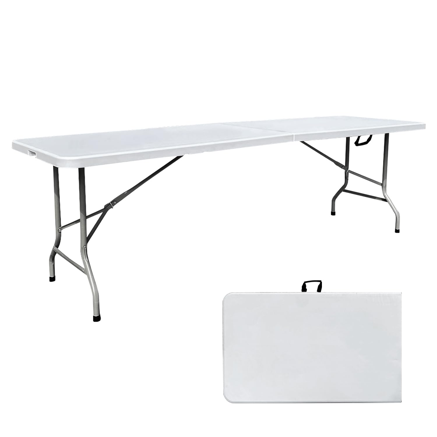 Photo 1 of Go-Trio 8 Foot Folding Table 8ft Foldable Portable Plastic Picnic Tables with Handle, Fold in Half Heavy Duty Long Large Utility Table, Indoor Outdoor 8' Fold up Card Tables for Party, Dining, White