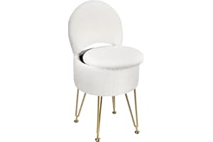 Greenstell Large Vanity Stool Chair with Storage and Folding Back, 15.7" D x 19.5" H Faux Fur Soft Ottoman, 4 Metal Legs with