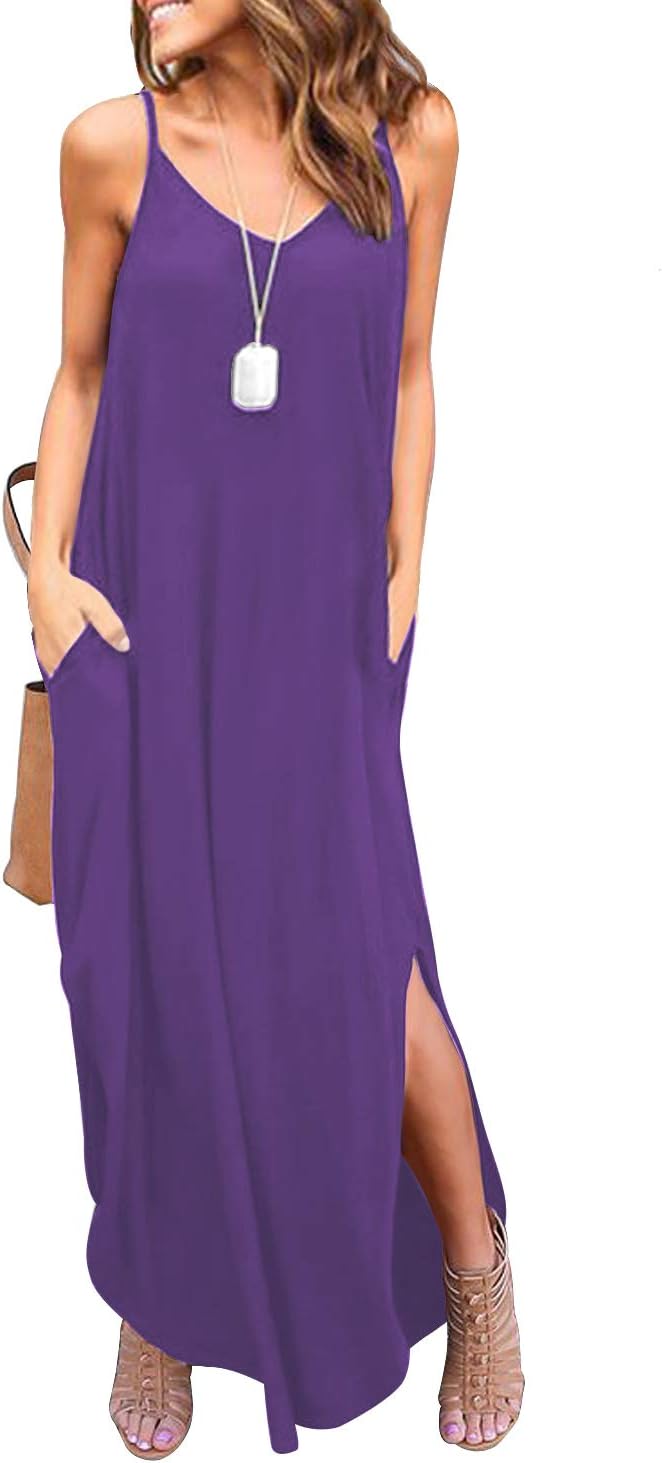 Women's Summer Casual Sleeveless V Neck Strappy Split Loose Dress Beach Cover Up Long Cami Maxi Dresses with Pocket