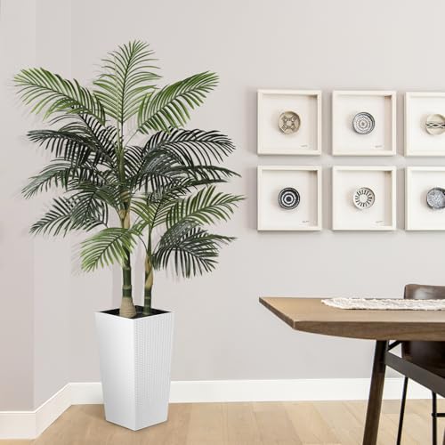 PHYTREE Artificial Palm Tree 6ft - Fake Palm Tree with White Tall Planter - Faux Plants with Realistic Trunk and Palm Leaves for Indoor Home Office Decor
