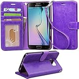 S6 Case, Arae Samsung Galaxy S6 wallet case,[Wrist Strap] Flip Folio [Kickstand Feature] PU leather wallet case with ID&Credit Card Pockets For Samsung Galaxy S6 (Purple)
