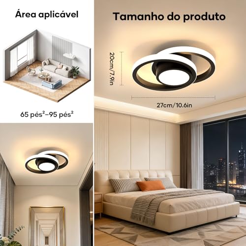 Trailabo Luminária LED de Teto, Luminária Redonda + Duas Fitas de Luz Circulares, Iluminação Ajustável em Três Cores, para Sala e Quarto, 3000-6000K (Preto)