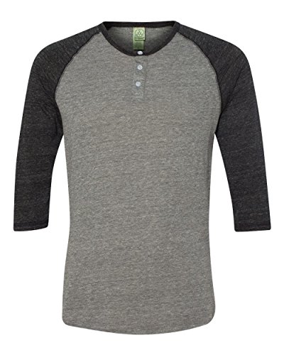 Alternative 01989E1 50% Polyester 38% Cotton 12% Rayon Men's Raglan Three-Quarter Sleeve Henley Shirt Eco Grey & Black Medium