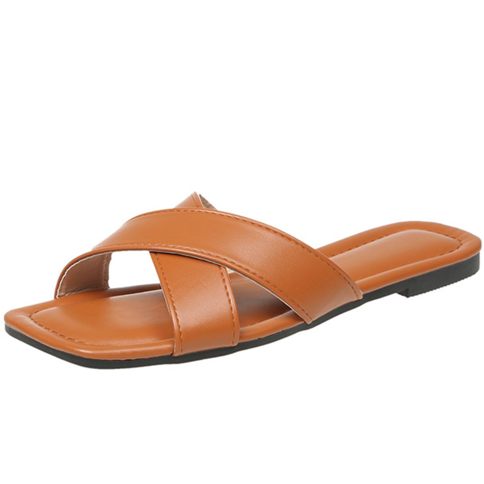 WONDERWAY Womens Sandals Comfortable Wide Leather Crisscross Summer Square Toe Flat Slide Sandals(Brown,10)