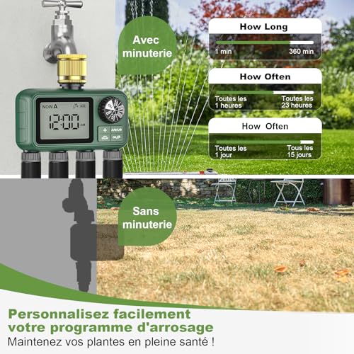 4 Way Water Timer with Brass Inlet, Large LCD Display, Automatic Watering for Garden, Programmable Irrigation, Simple Use, Rain Delay Manual Watering for Lawn