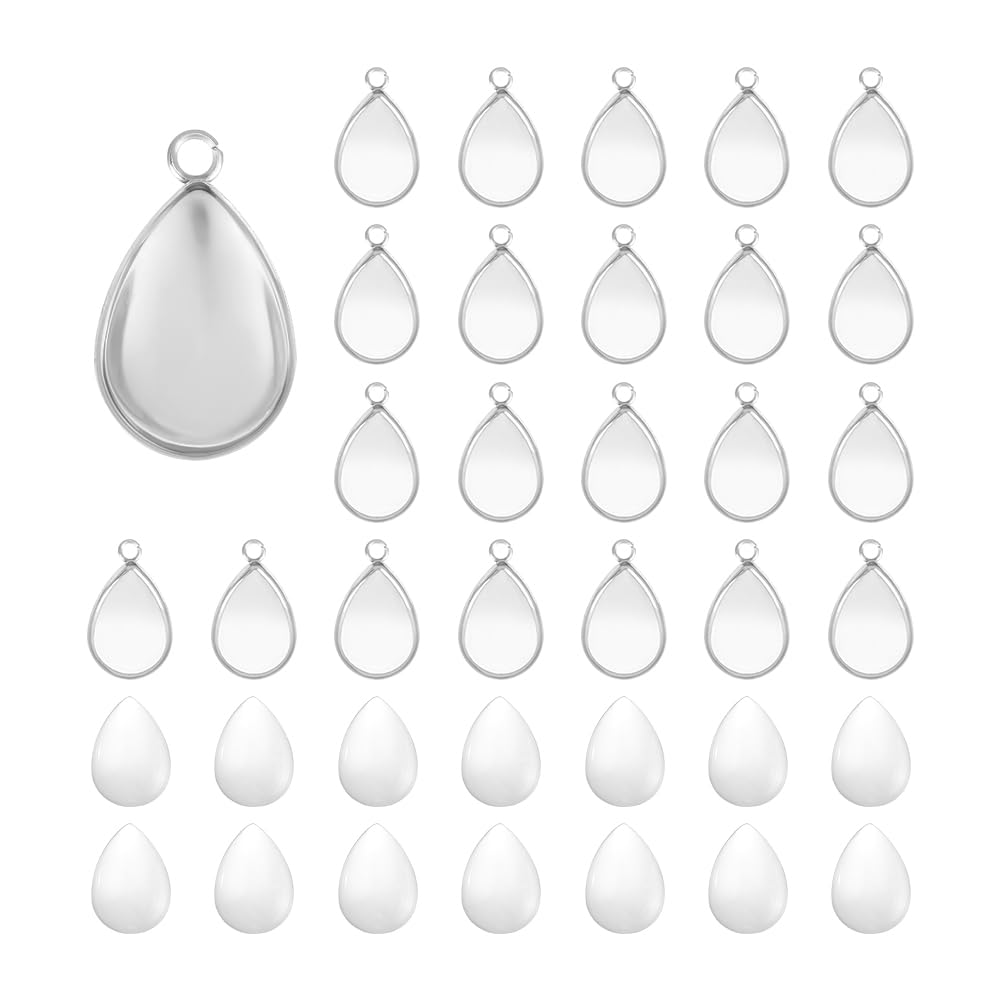 UNICRAFTALE 60 Sets 304 Stainless Steel Blank Bezels Teardrop Pendant Making Kit Oval Border Glass Cabochon Tray Charm Hole 1.6mm for Jewelry Making
