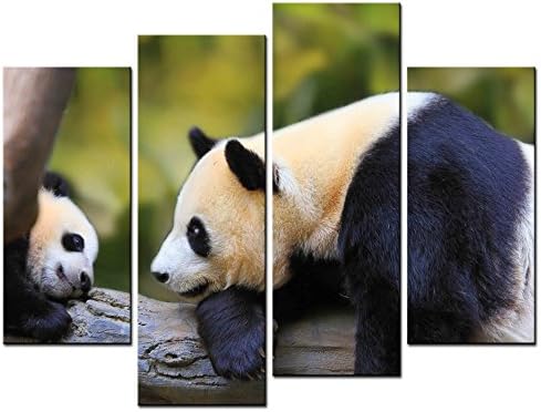 Modern Home Decoration - Animal Paintings - Panda Looks at its Baby in Forest Picture - Print on Canvas for Living Room 4 Pieces Wall Art Decor