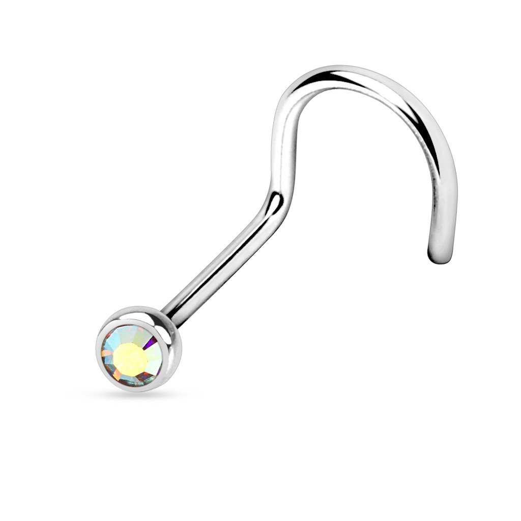 PiercedOff 316L Surgical Steel Nose Screw with Aurora Borealis CZ Gem - Thickness 18GA (1mm) / Length 6mm / Gem Size 2.5mm